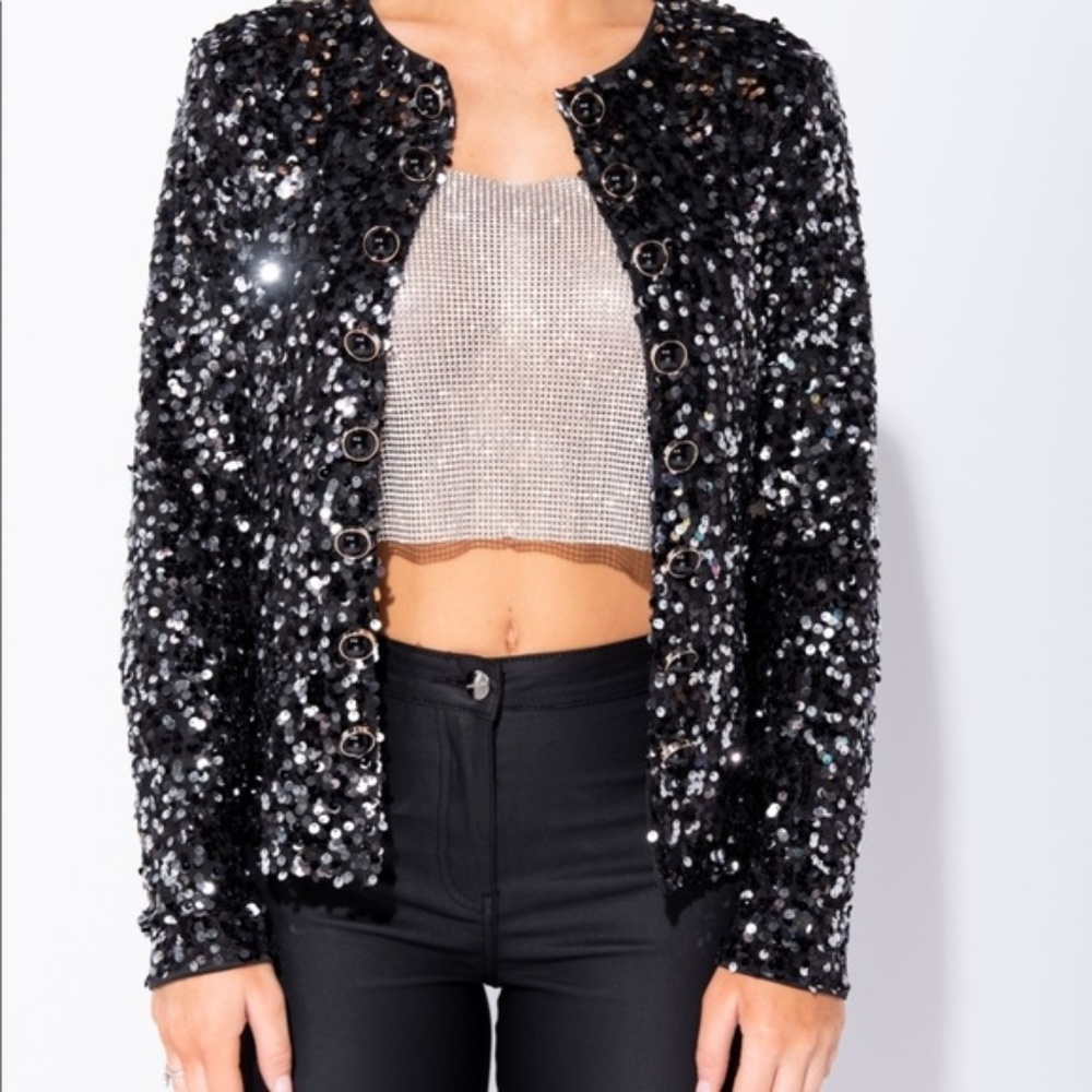 Confetti Queen Black Sequin Dome Button Blazer - Picture 4 of 8